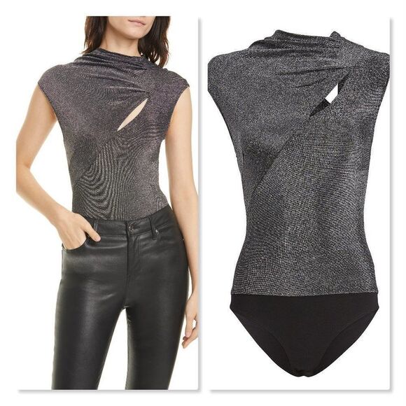 RtA Kinny Metallic Funnelneck Bodysuit size XXS in Silver/Black- NEW - Picture 1 of 16